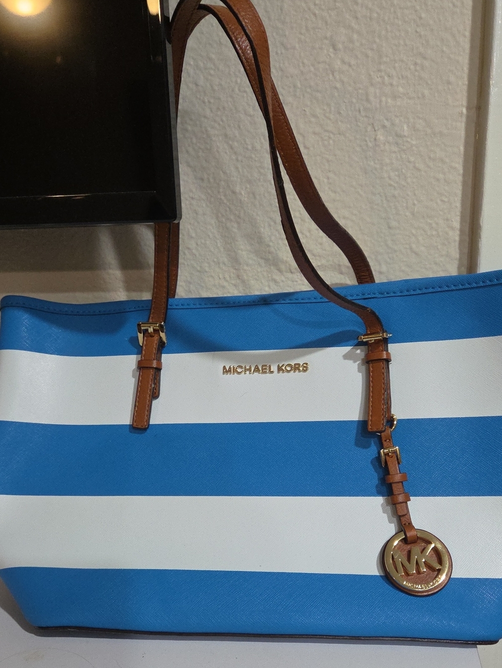 Michael Kors Blue and White Striped Tote with Brown Leather Straps - Picture 1 of 2
